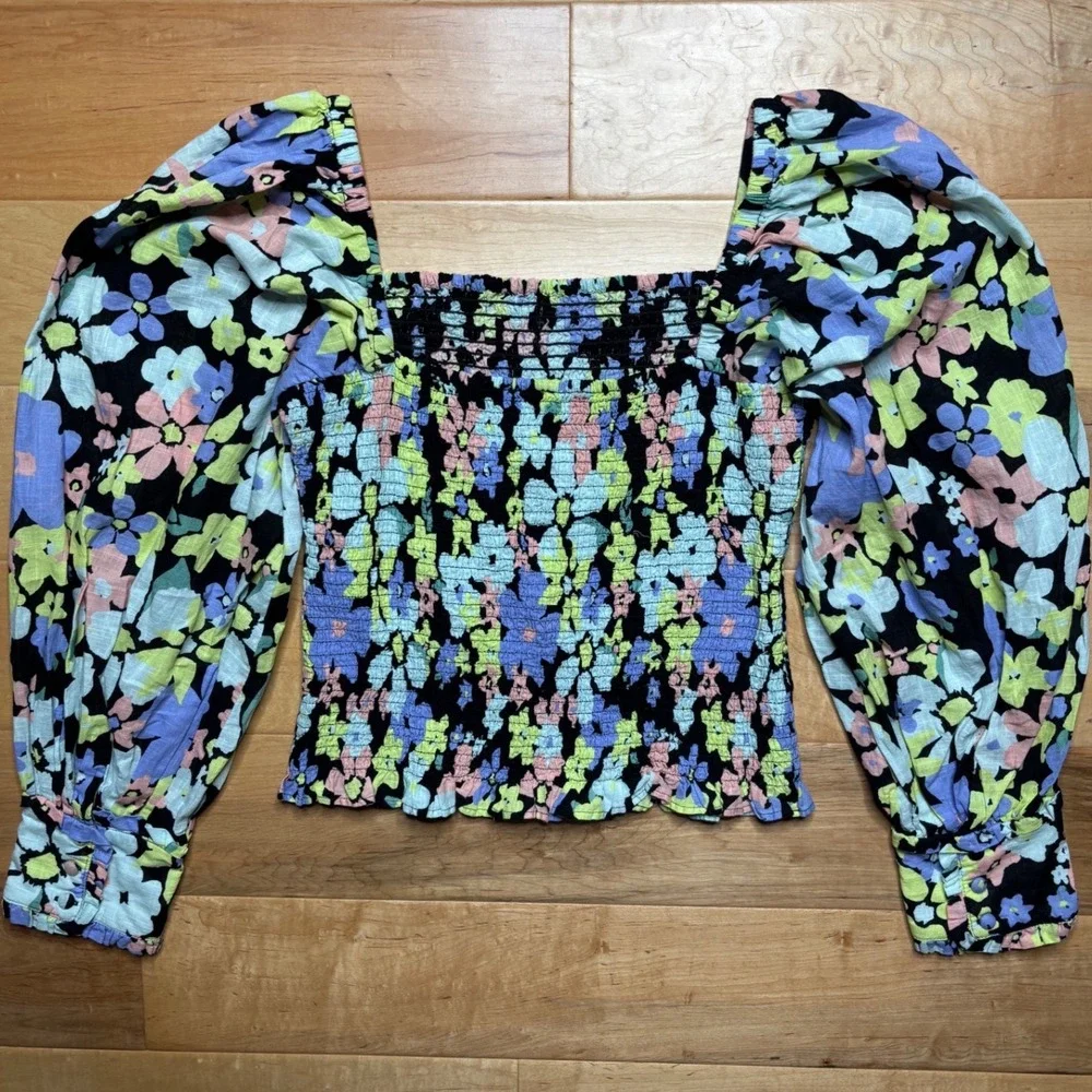 Free People Ariana Printed Cropped Top Women M Multicolor Floral Puff Sleeve